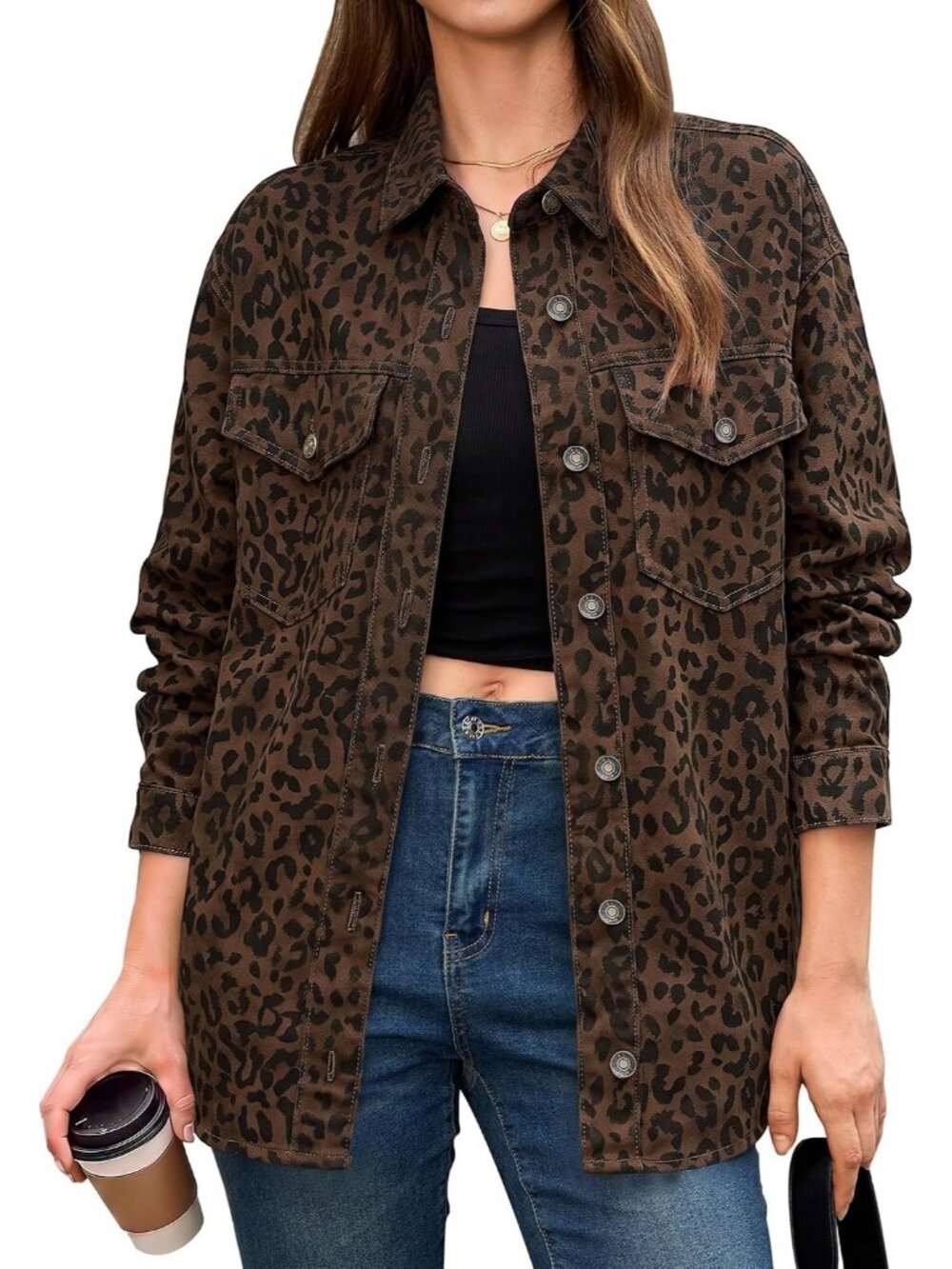 Women's Dark Brown Leopard Cheetah Print Oversized Denim Jean Jacket Casual